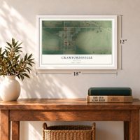 Crawfordsville, Arkansas map, 12 x 18 inch print in a white frame in an entryway