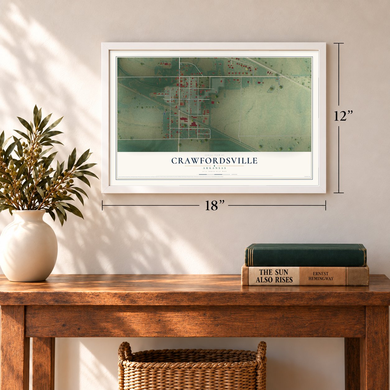 Crawfordsville, Arkansas map, 12 x 18 inch print in a white frame in an entryway
