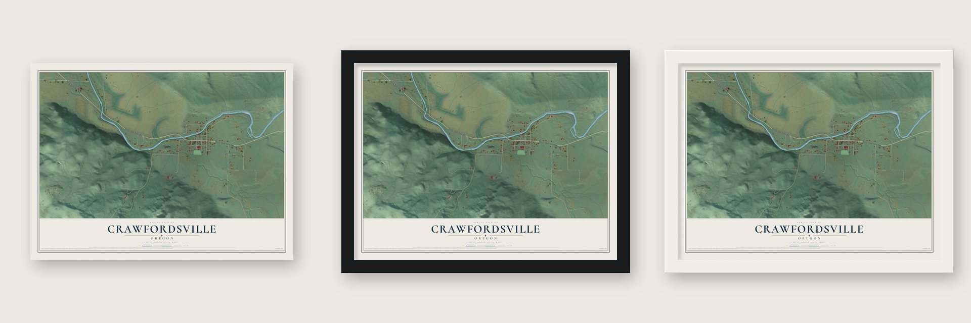 Crawfordsville, Oregon map unframed, in a black wood frame and in a white wood frame