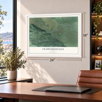 Crawfordsville, Oregon map, 18 x 24 inch print in a white frame in a home office