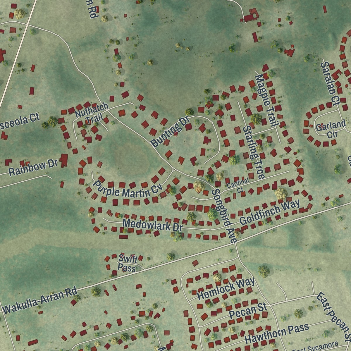 Second close-up of the map of Crawfordville, Florida print showing more streets and buildings