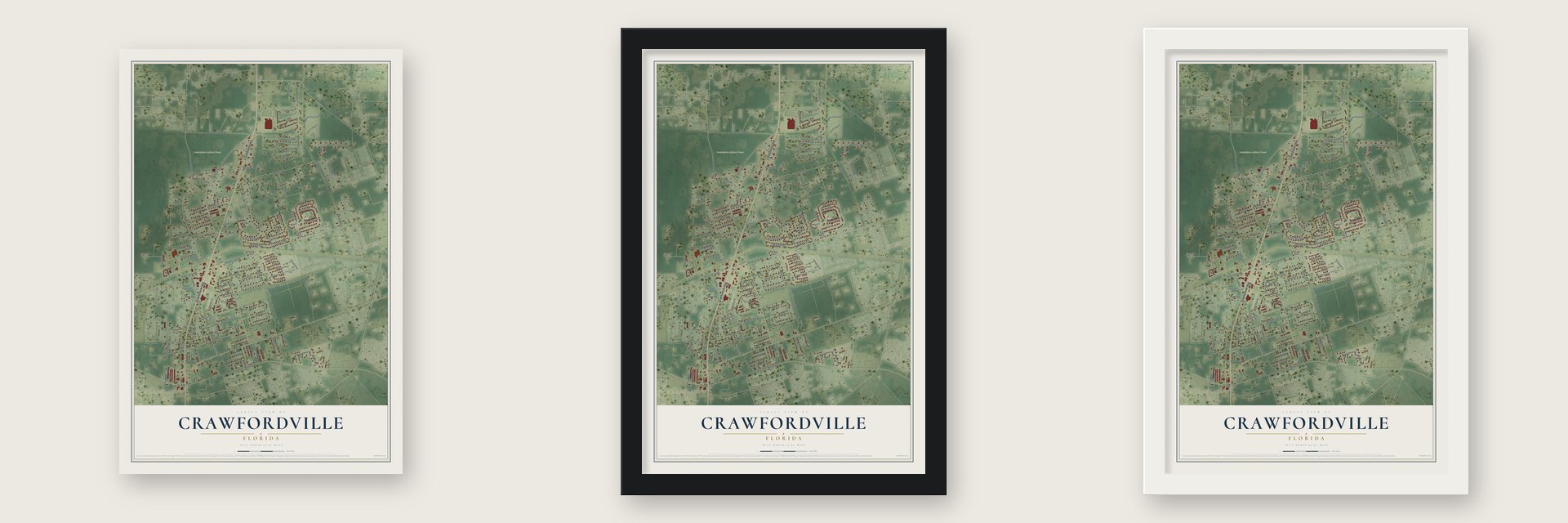 Crawfordville, Florida map unframed, in a black wood frame and in a white wood frame