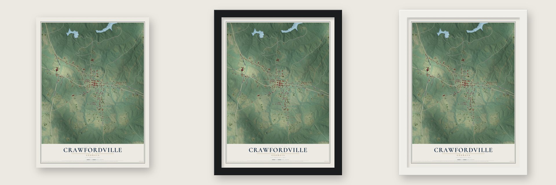 Crawfordville, Georgia map unframed, in a black wood frame and in a white wood frame