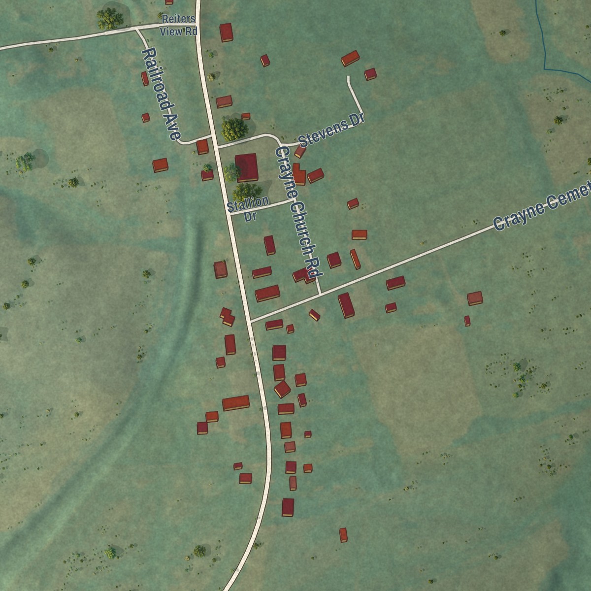 Second close-up of the map of Crayne, Kentucky print showing more streets and buildings