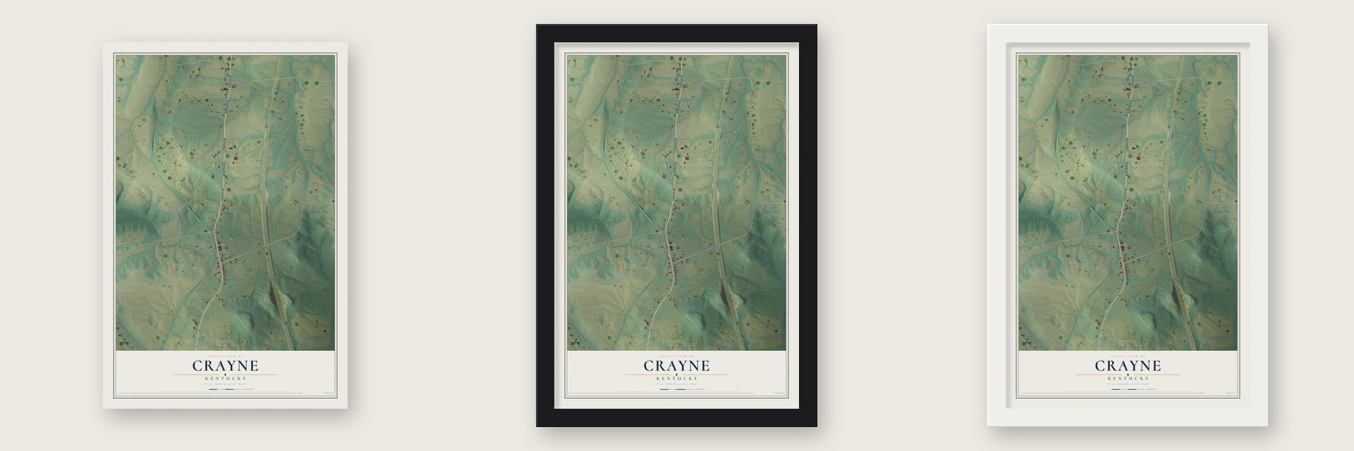 Crayne, Kentucky map unframed, in a black wood frame and in a white wood frame