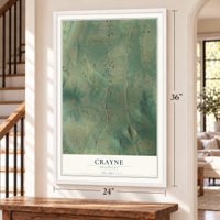 Crayne, Kentucky map, 24 x 36 inch print in a white frame by a staircase