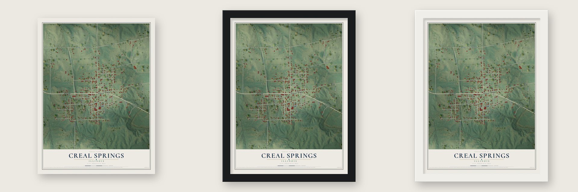 Creal Springs, Illinois map unframed, in a black wood frame and in a white wood frame