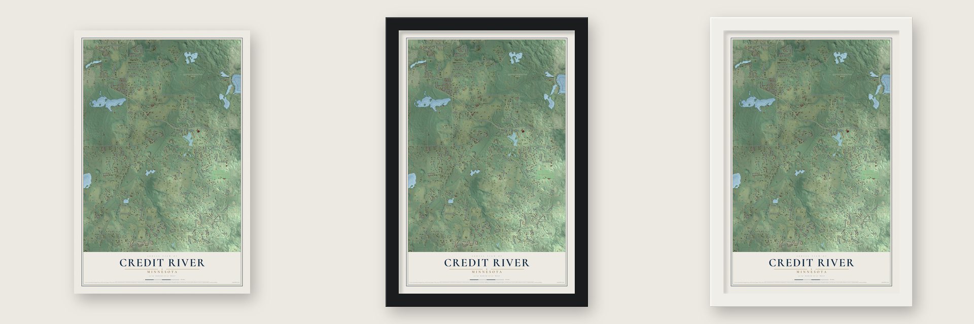 Credit River, Minnesota map unframed, in a black wood frame and in a white wood frame