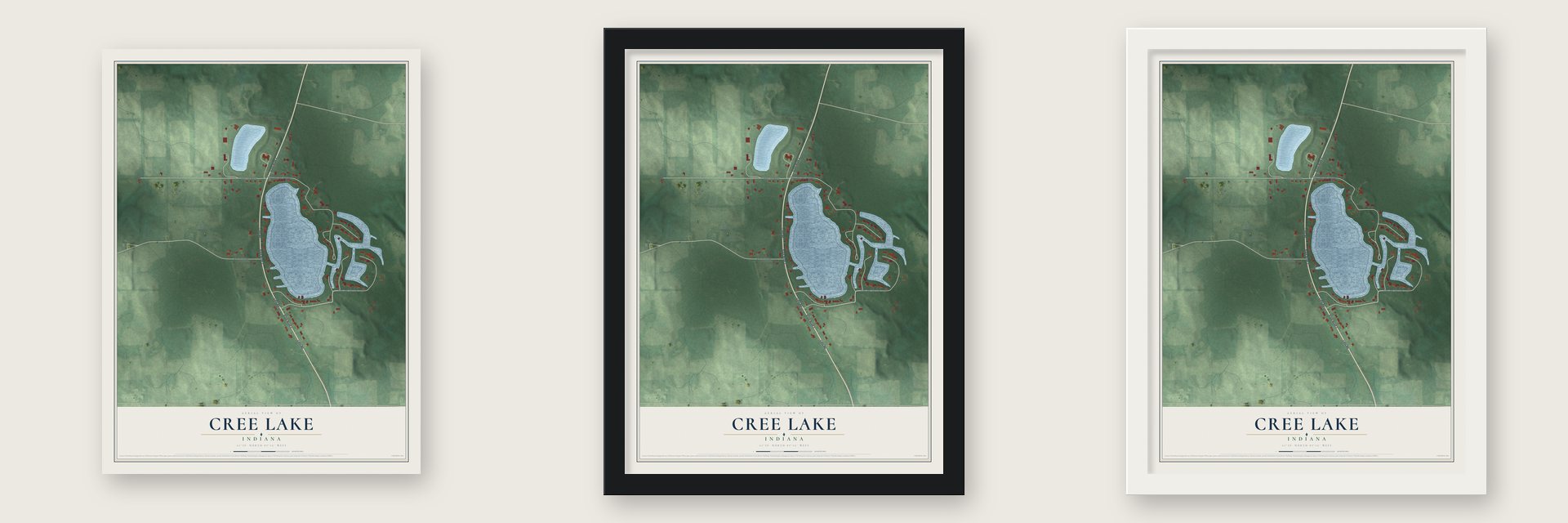 Cree Lake, Indiana map unframed, in a black wood frame and in a white wood frame