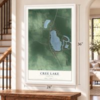 Cree Lake, Indiana map, 24 x 36 inch print in a white frame by a staircase