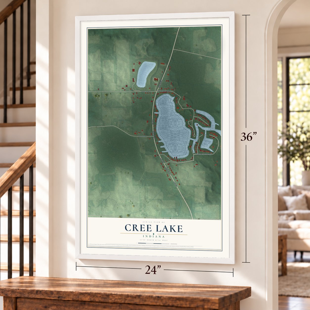 Cree Lake, Indiana map, 24 x 36 inch print in a white frame by a staircase