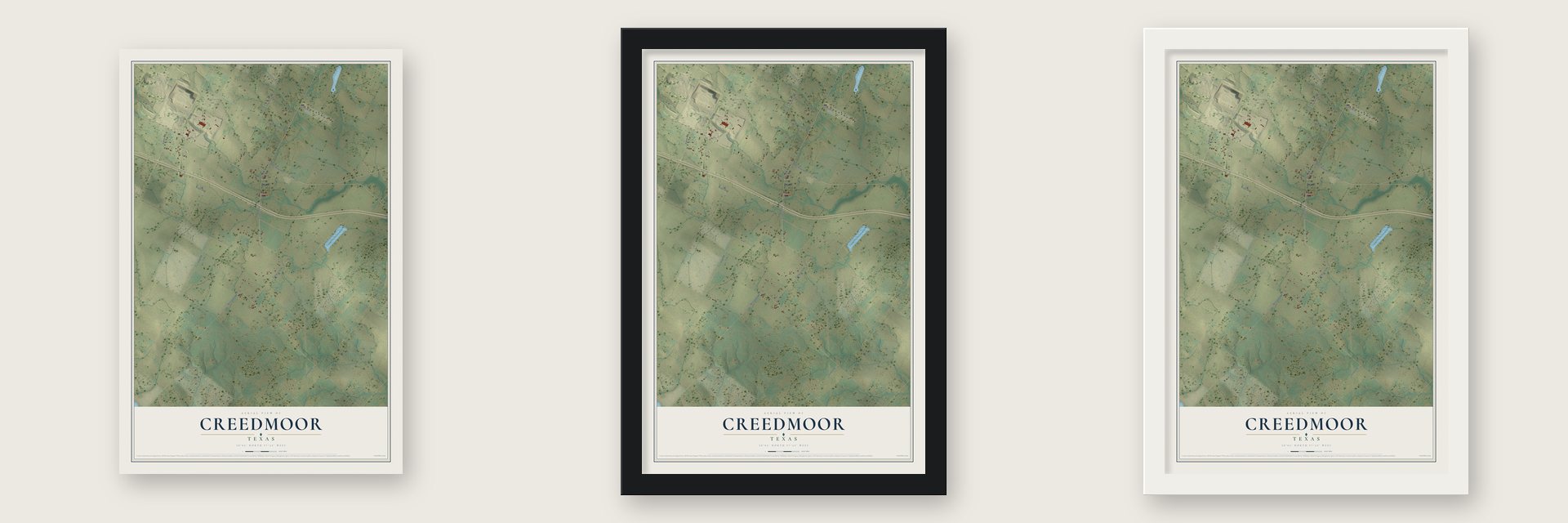 Creedmoor, Texas map unframed, in a black wood frame and in a white wood frame