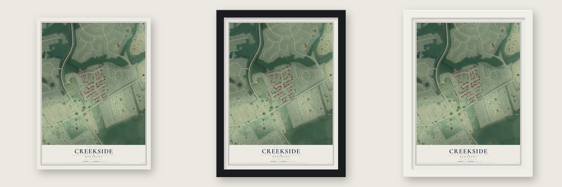 Creekside, Kentucky map unframed, in a black wood frame and in a white wood frame