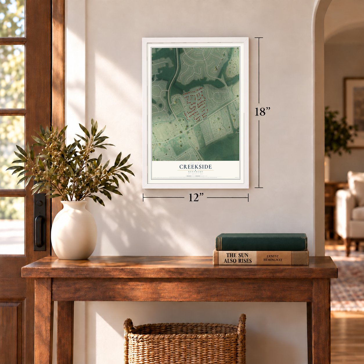 Creekside, Kentucky map, 12 x 18 inch print in a white frame in an entryway