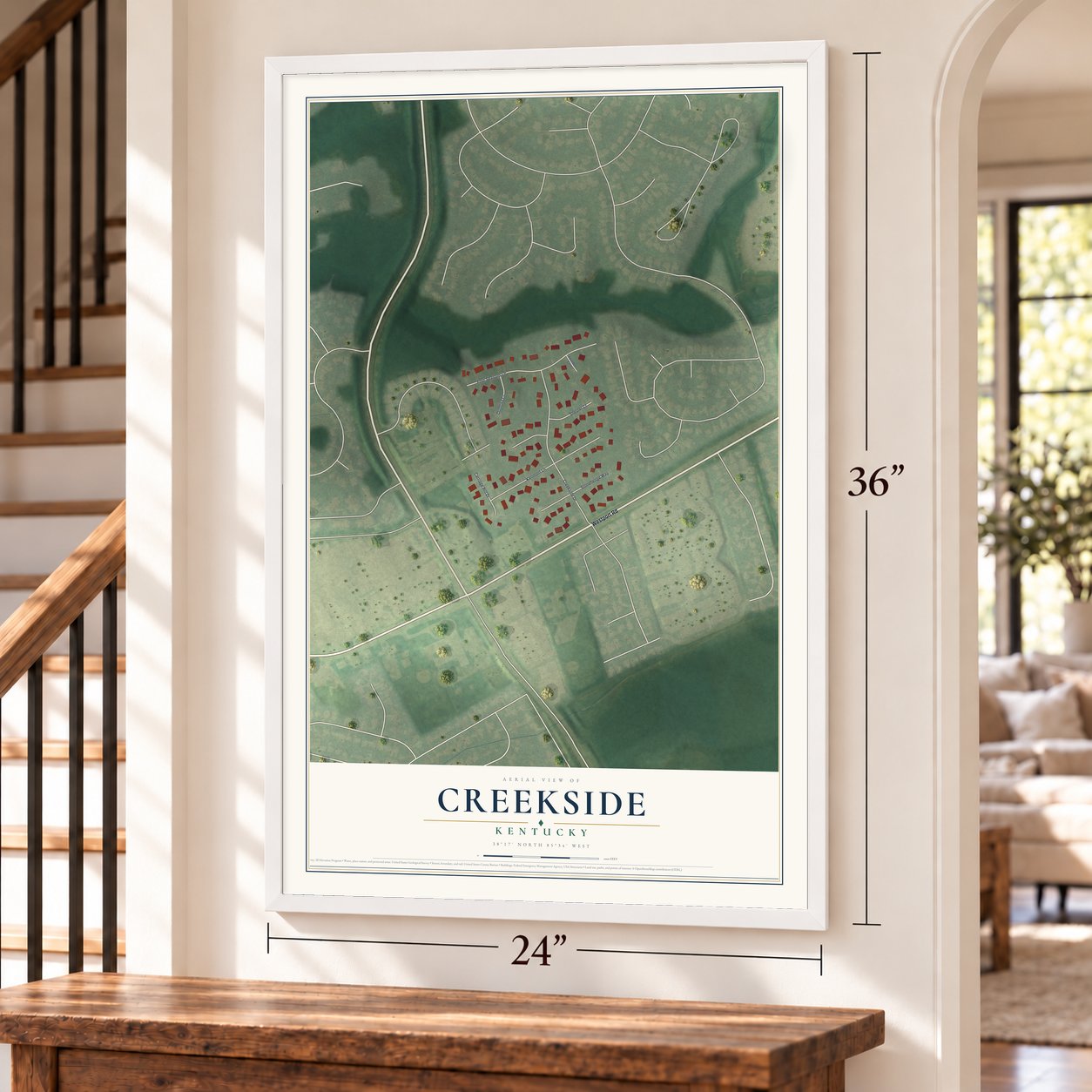 Creekside, Kentucky map, 24 x 36 inch print in a white frame by a staircase