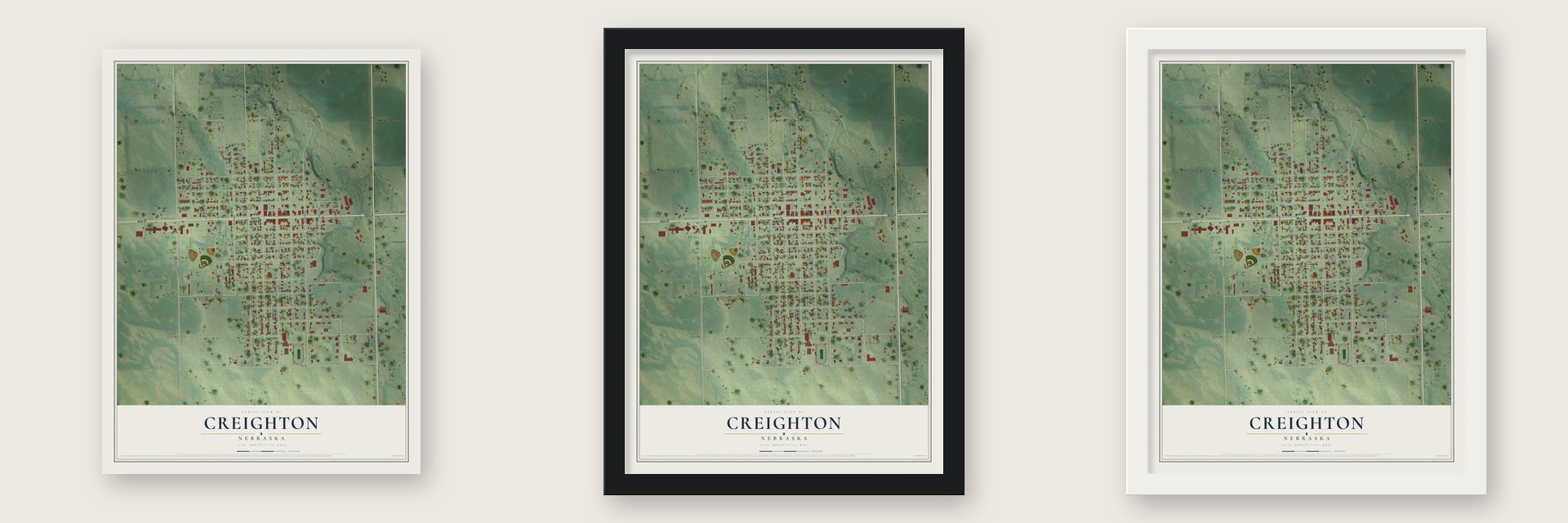 Creighton, Nebraska map unframed, in a black wood frame and in a white wood frame