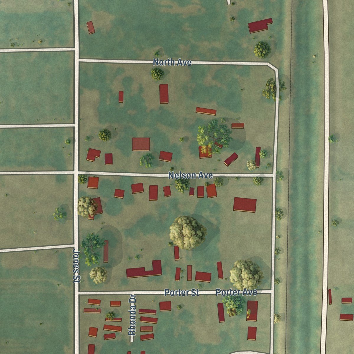 Second close-up of the map of Crenshaw, Mississippi print showing more streets and buildings