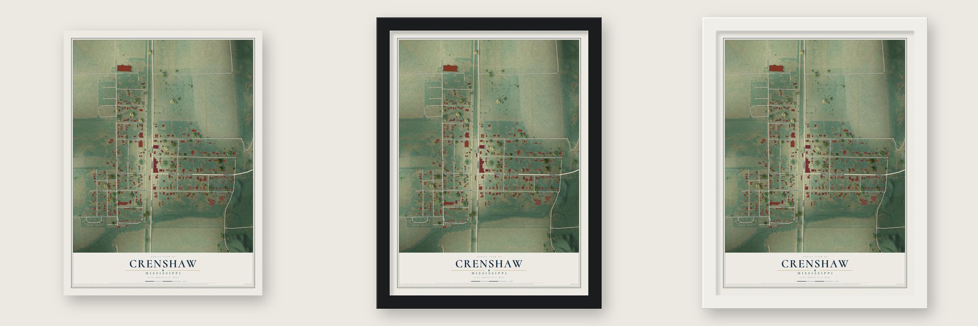 Crenshaw, Mississippi map unframed, in a black wood frame and in a white wood frame