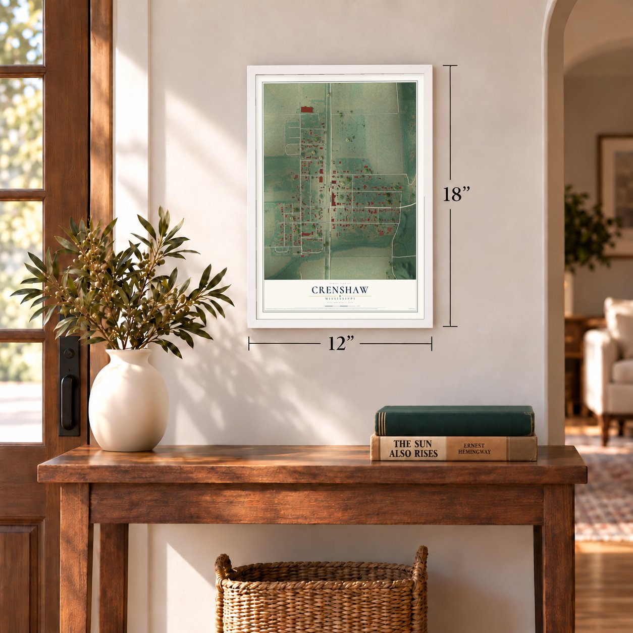 Crenshaw, Mississippi map, 12 x 18 inch print in a white frame in an entryway