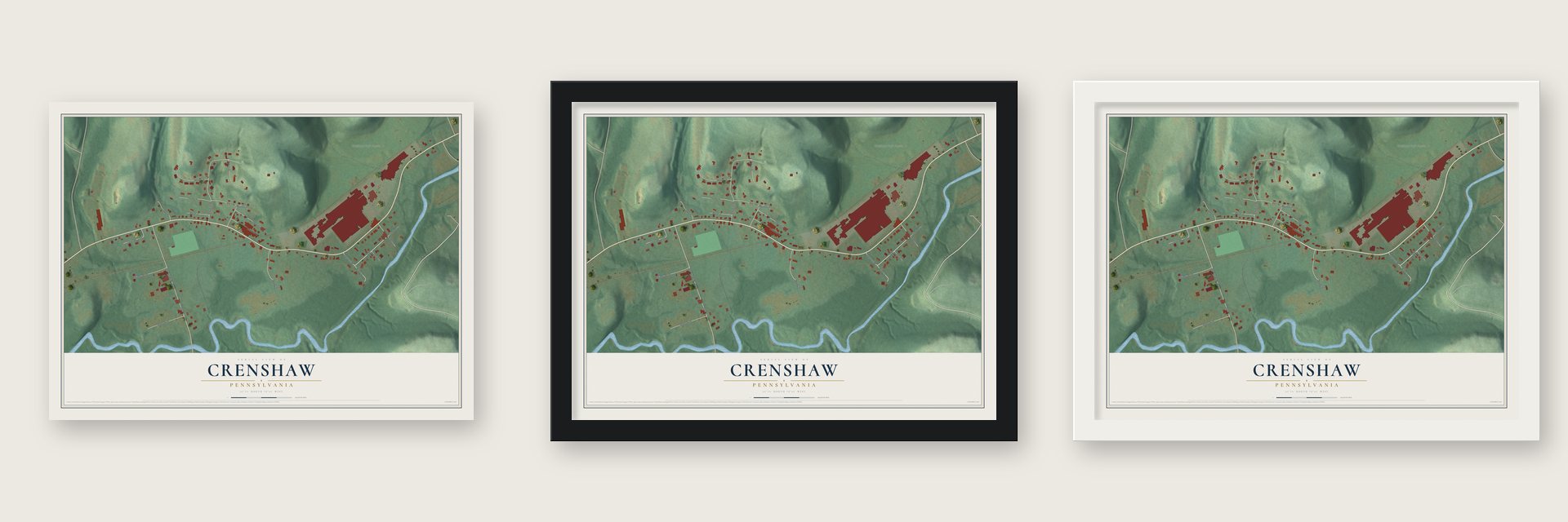 Crenshaw, Pennsylvania map unframed, in a black wood frame and in a white wood frame