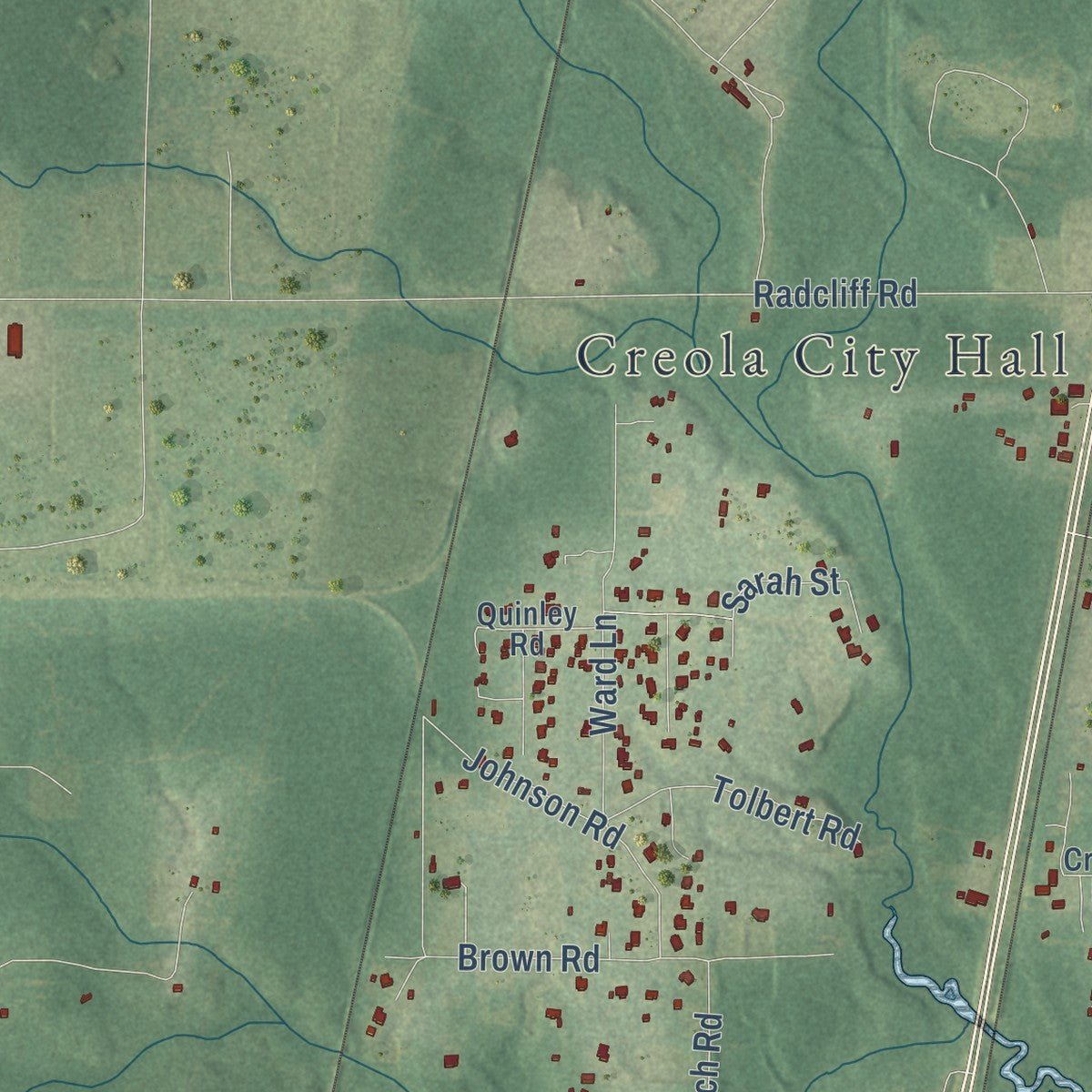 Second close-up of the map of Creola, Alabama print showing more streets and buildings