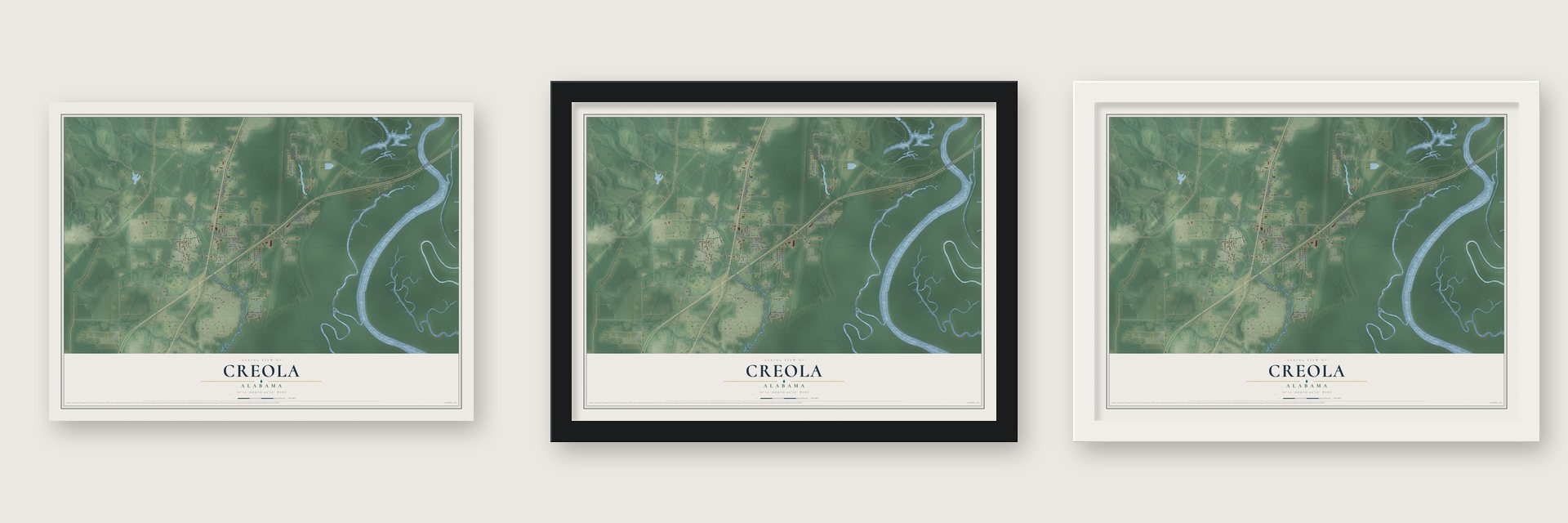 Creola, Alabama map unframed, in a black wood frame and in a white wood frame