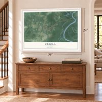 Creola, Alabama map, 24 x 36 inch print in a white frame above a dresser by a staircase