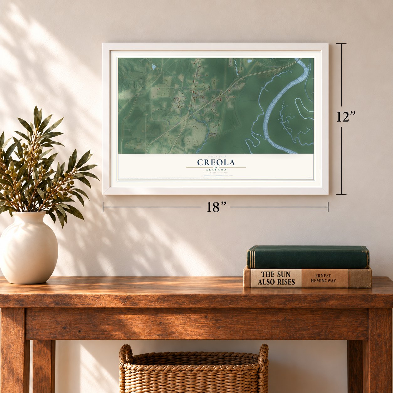 Creola, Alabama map, 12 x 18 inch print in a white frame in an entryway