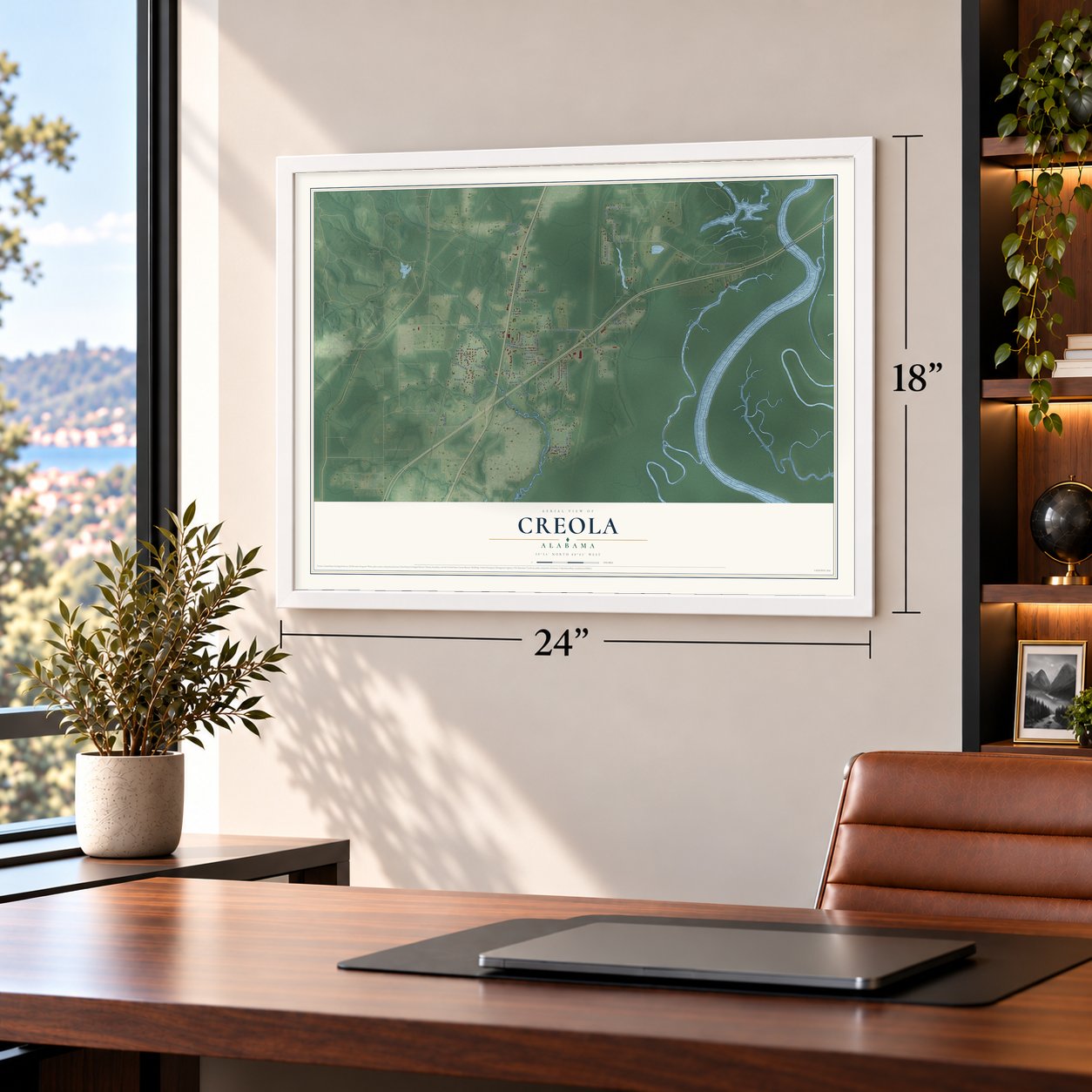 Creola, Alabama map, 18 x 24 inch print in a white frame in a home office