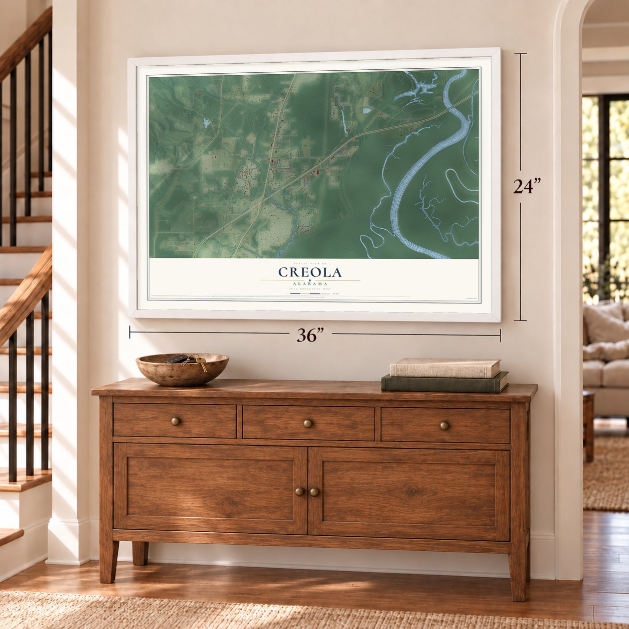 Creola, Alabama map, 24 x 36 inch print in a white frame above a dresser by a staircase