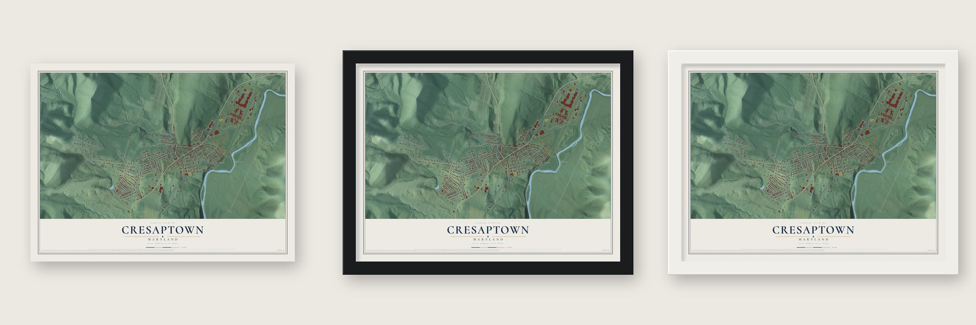 Cresaptown, Maryland map unframed, in a black wood frame and in a white wood frame