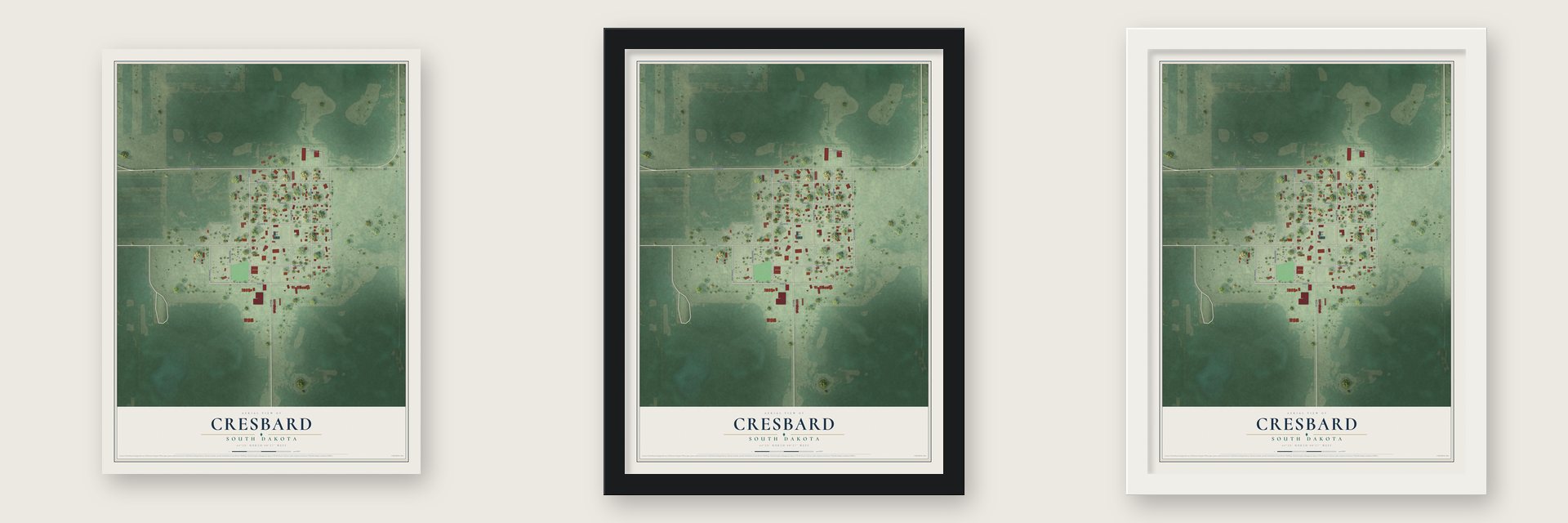 Cresbard, South Dakota map unframed, in a black wood frame and in a white wood frame