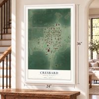 Cresbard, South Dakota map, 24 x 36 inch print in a white frame by a staircase