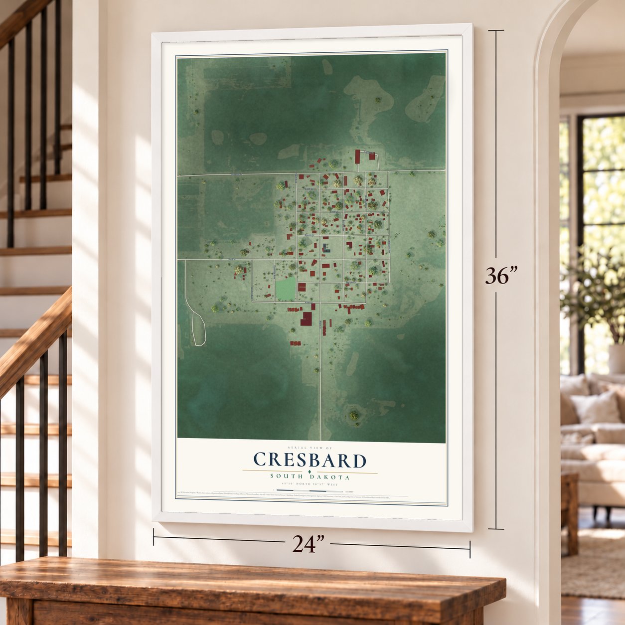 Cresbard, South Dakota map, 24 x 36 inch print in a white frame by a staircase