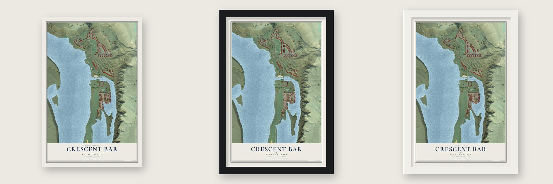 Crescent Bar, Washington map unframed, in a black wood frame and in a white wood frame