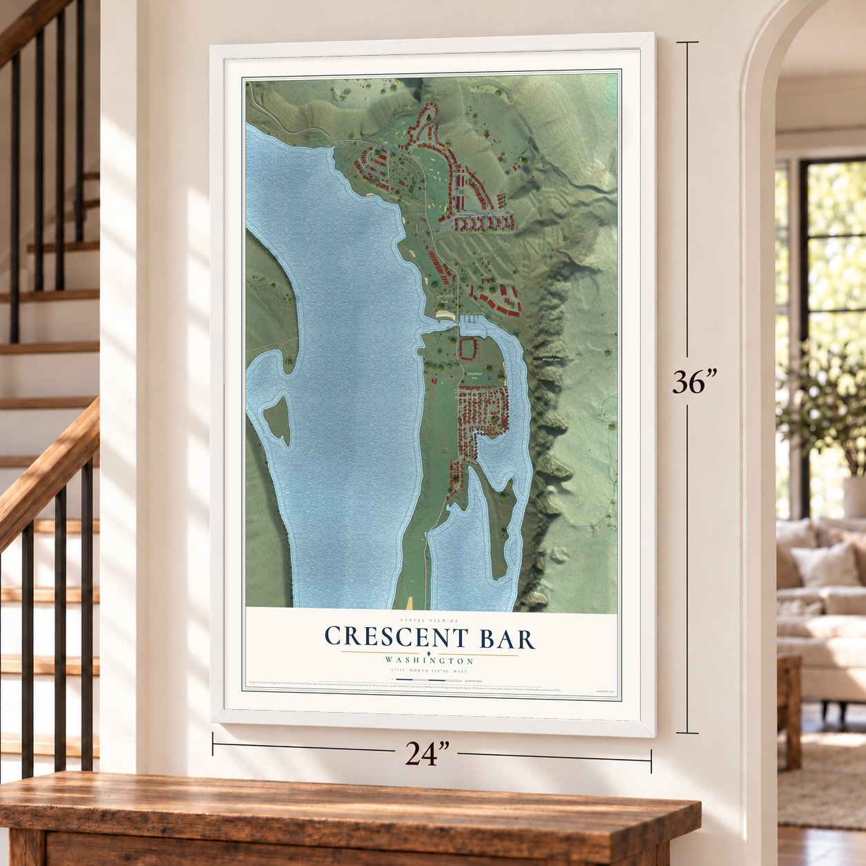 Crescent Bar, Washington map, 24 x 36 inch print in a white frame by a staircase