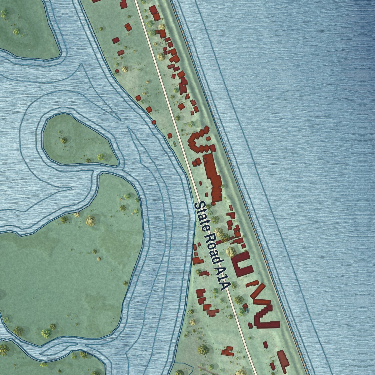 Second close-up of the map of Crescent Beach, Florida print showing more streets and buildings
