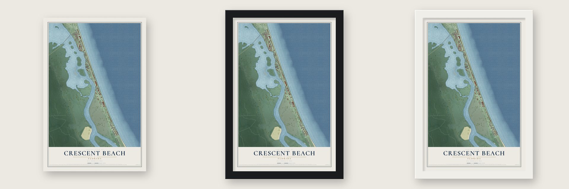Crescent Beach, Florida map unframed, in a black wood frame and in a white wood frame