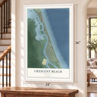 Crescent Beach, Florida map, 24 x 36 inch print in a white frame by a staircase