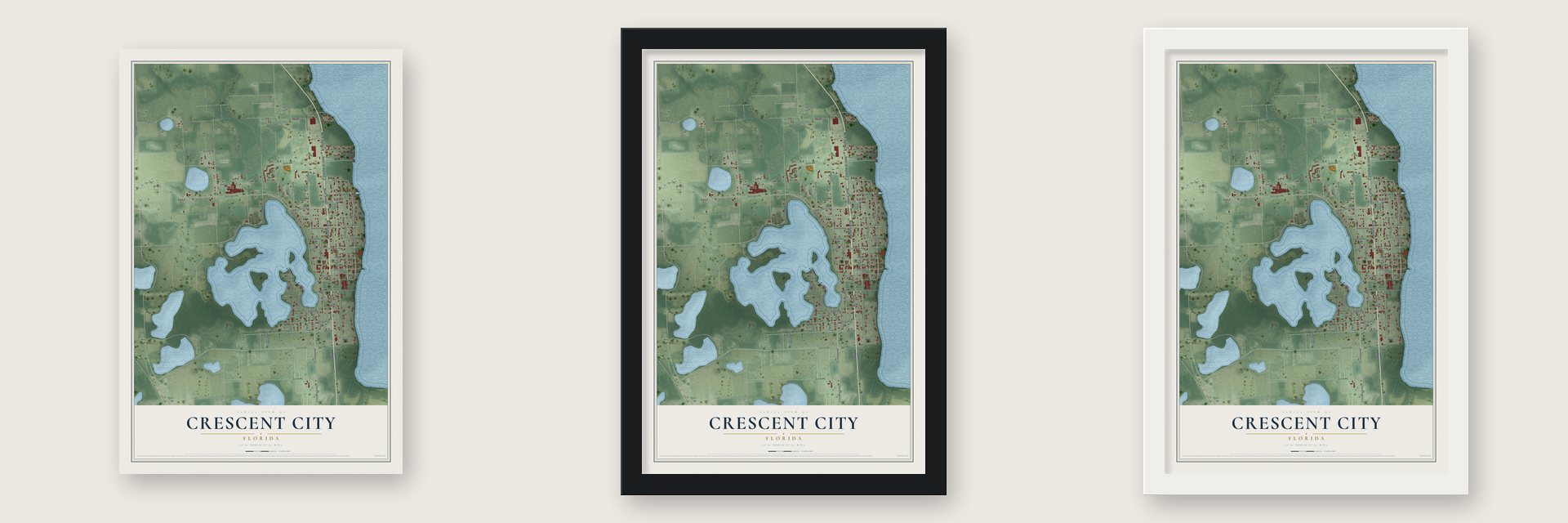 Crescent City, Florida map unframed, in a black wood frame and in a white wood frame