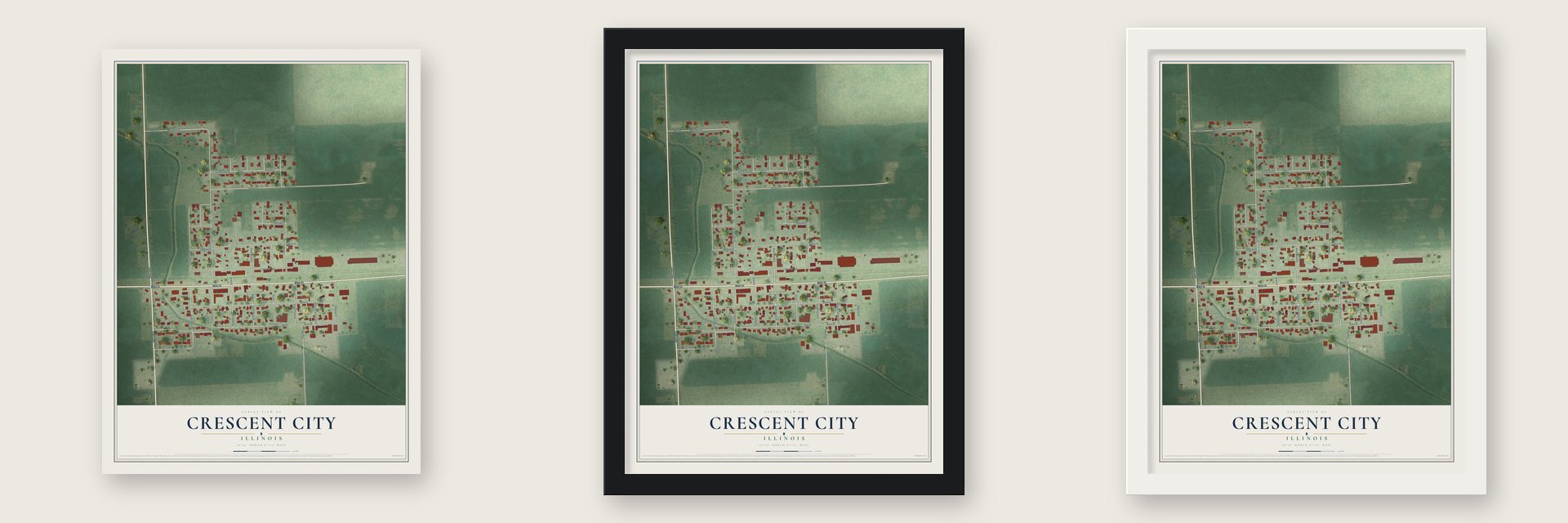 Crescent City, Illinois map unframed, in a black wood frame and in a white wood frame