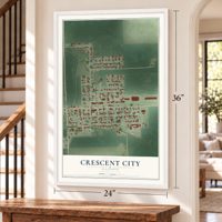 Crescent City, Illinois map, 24 x 36 inch print in a white frame by a staircase