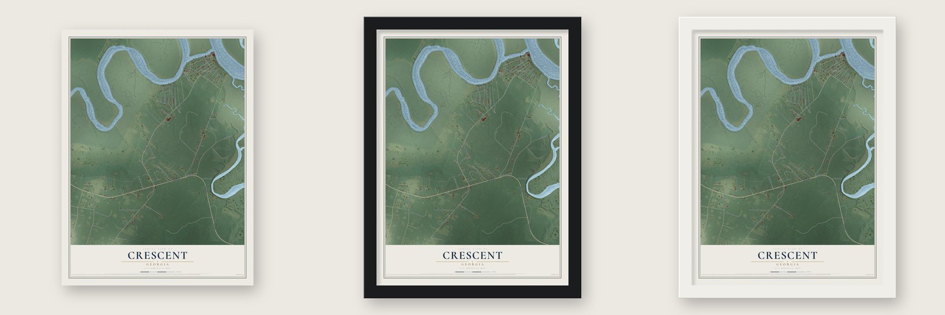 Crescent, Georgia map unframed, in a black wood frame and in a white wood frame