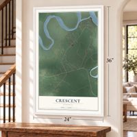 Crescent, Georgia map, 24 x 36 inch print in a white frame by a staircase