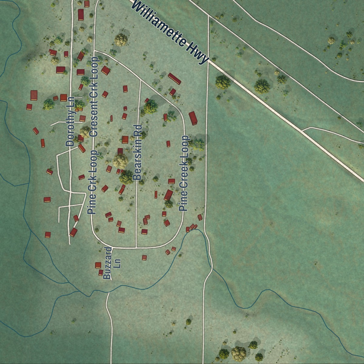 Second close-up of the map of Crescent Lake, Oregon print showing more streets and buildings