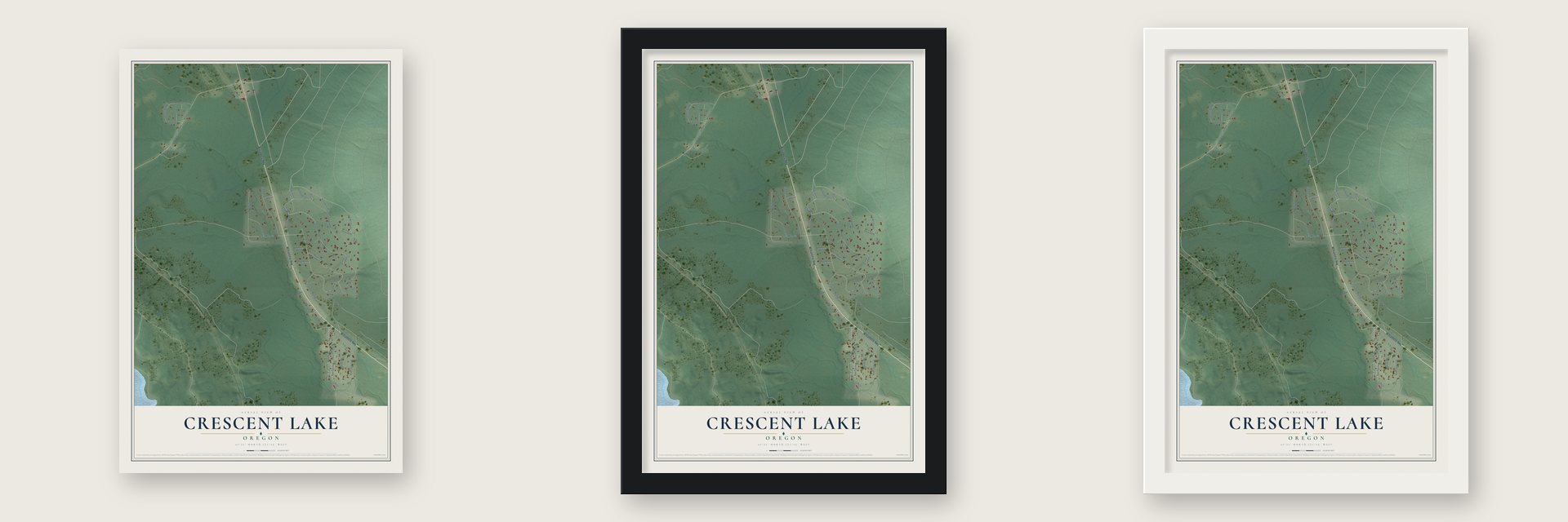 Crescent Lake, Oregon map unframed, in a black wood frame and in a white wood frame