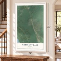 Crescent Lake, Oregon map, 24 x 36 inch print in a white frame by a staircase