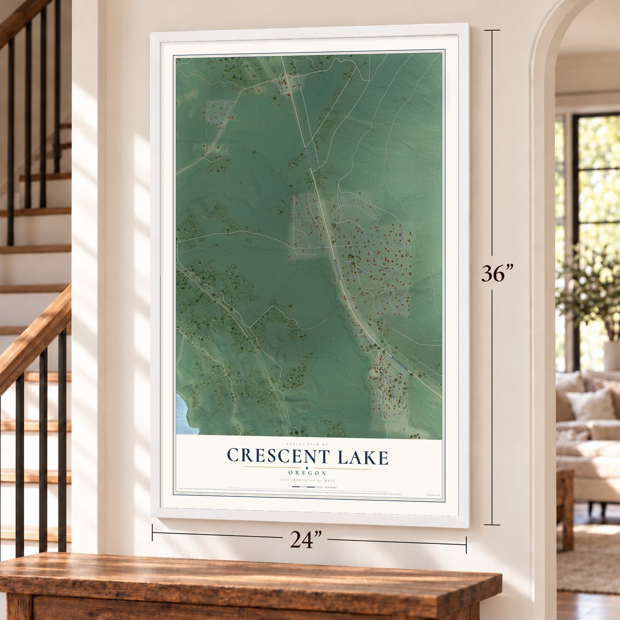 Crescent Lake, Oregon map, 24 x 36 inch print in a white frame by a staircase