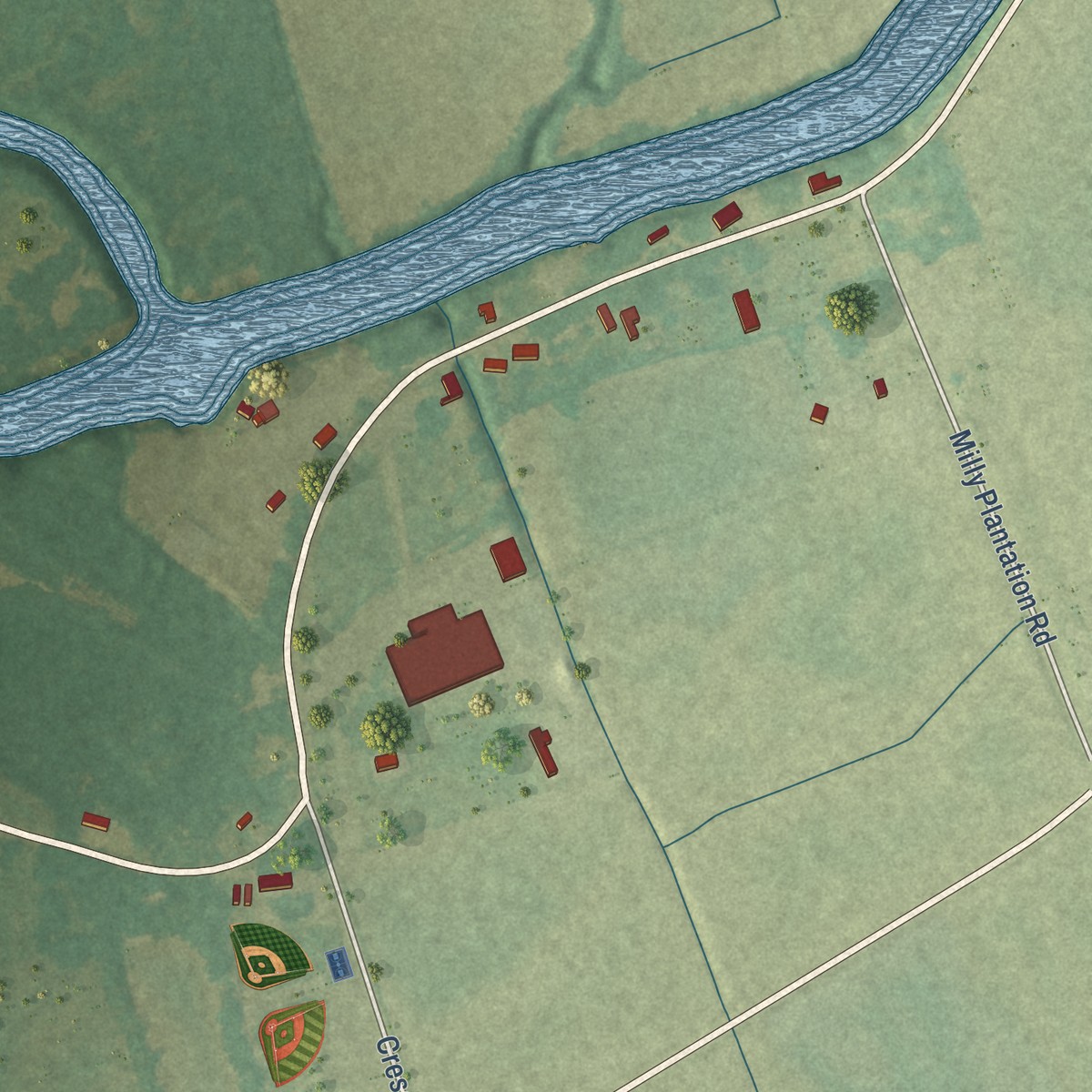 Second close-up of the map of Crescent, Louisiana print showing more streets and buildings