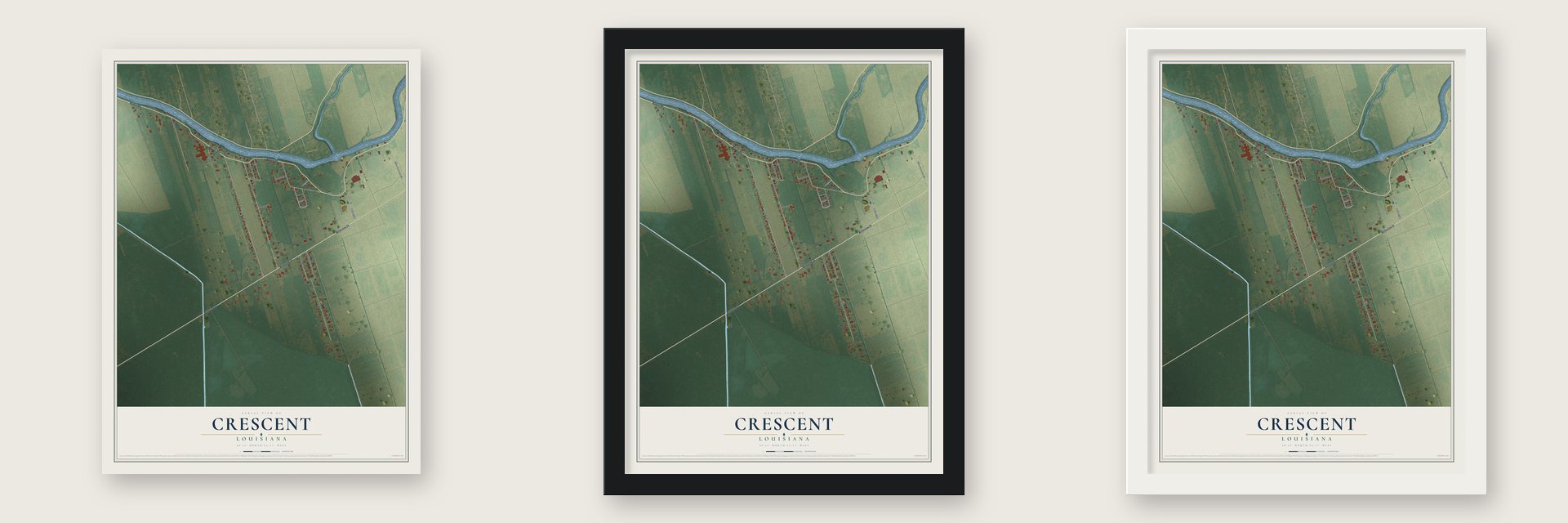 Crescent, Louisiana map unframed, in a black wood frame and in a white wood frame